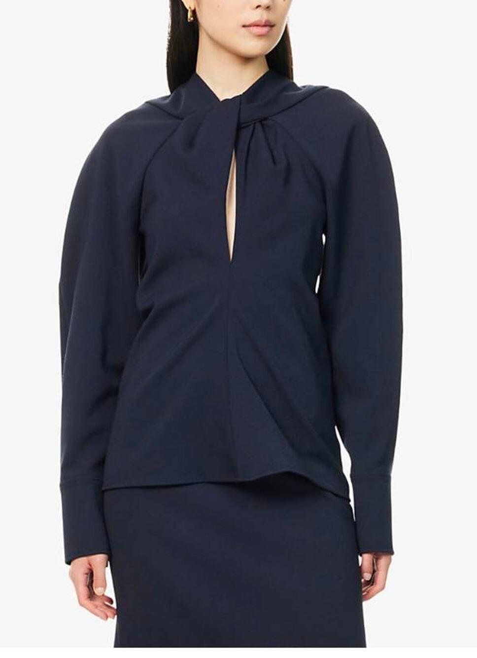 Victoria Beckham Twisted Neckline Textured Blouse in Navy UK 8 US 4